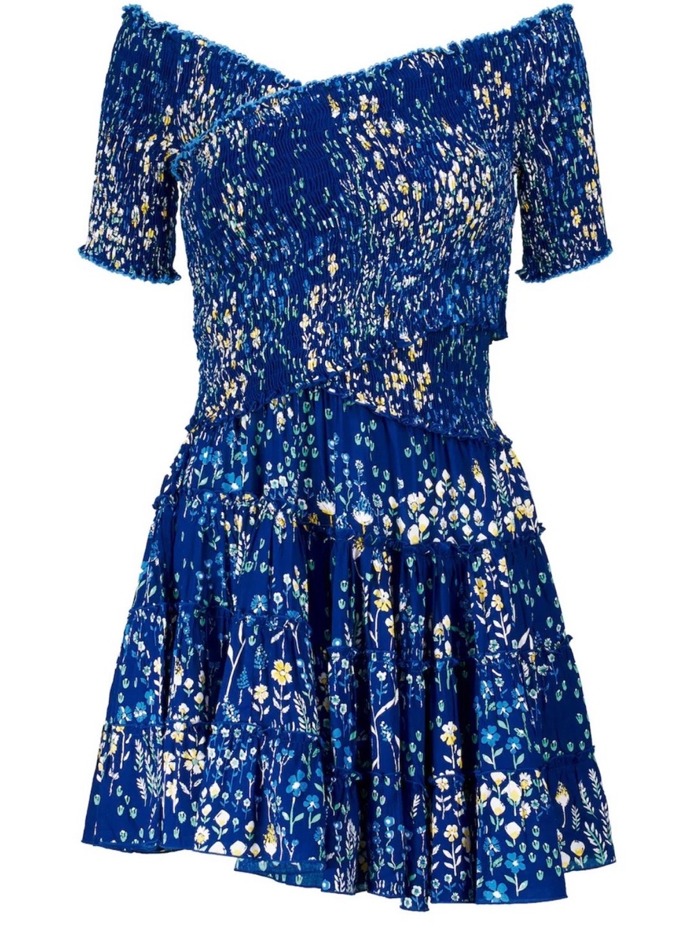 Poupette St. Barth Royal Blue Floral Off-Shoulder Tiered Mini Dress